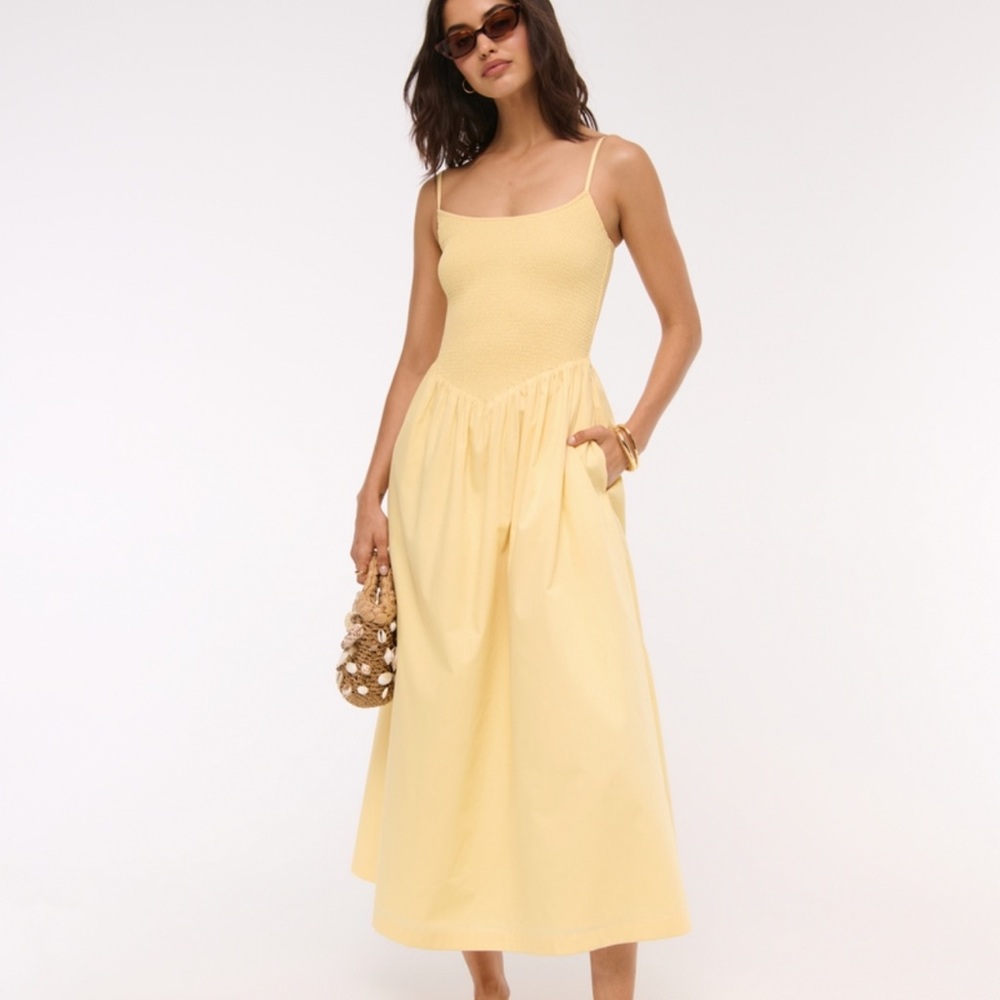 Abercrombie & Fitch Sydney Smocked Dipped-Waist Midi Dress Yellow w/Blue Stripes